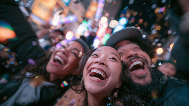 Diverse Friends Celebrating New Year Under Confetti Outdoors