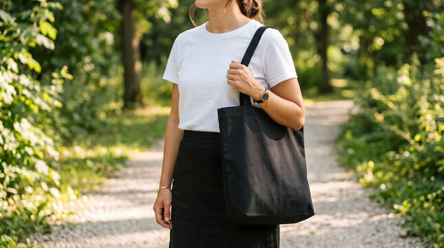 Woman wearing white tshirt and black skirt holding black tote bag outdoors.