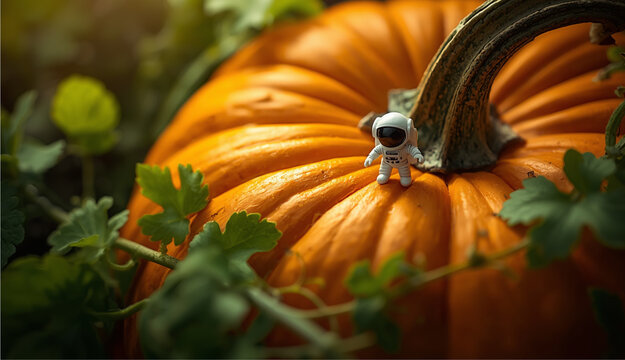 a tiny astronaut exploring a orange pumpkin with a stem and leaves macro photography