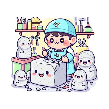 Cute Cartoon Sculptor Creating Adorable Stone Figures.