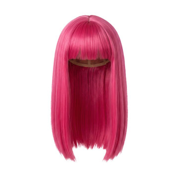 Vibrant pink bob wig with bangs, styled in a sleek, modern cut for versatile design applications.
