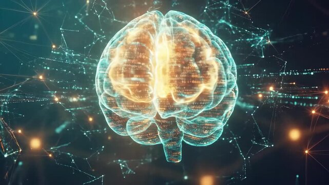 Digital neural network visualization with glowing connections and brain