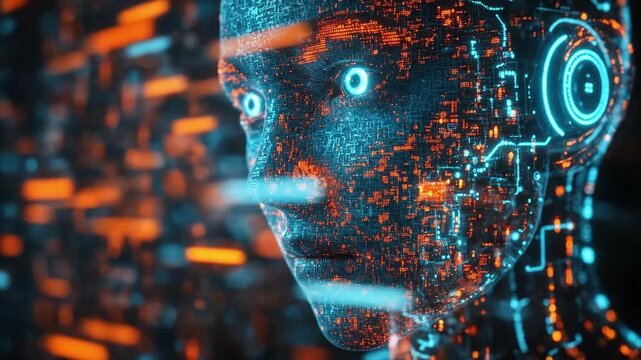 Futuristic woman's profile with digital orange and blue data matrix overlay