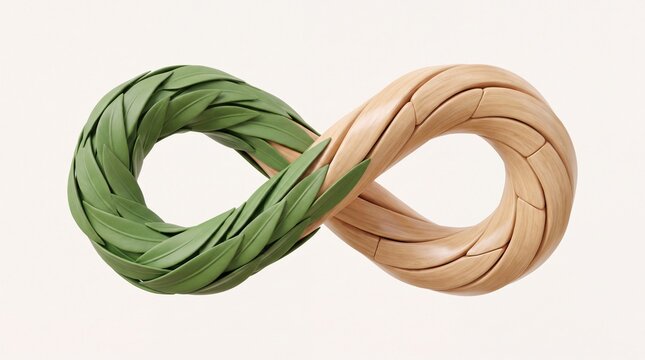 3D render of an infinity symbol made of green leaves and natural wood representing sustainable circular economy