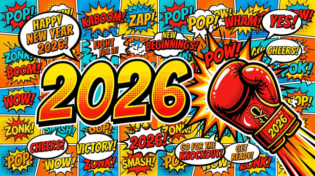 New Year 2026 Celebration With Comic Style Boxing Glove Punch