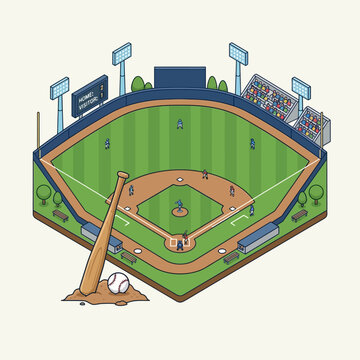 Illustration Of A Baseball Field Isometric View And Game In Progress