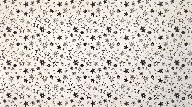 Seamless Full Frame Black and White Hand-Drawn Doodle Pattern, Stars and Hearts