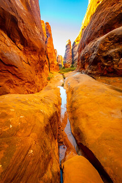 Fiery Furnace sandstone fins glow under morning sunrise light
