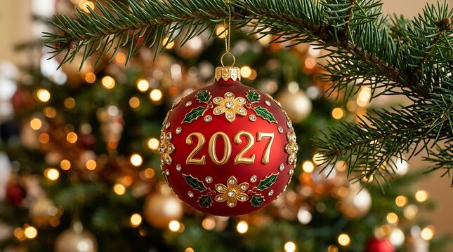 Decorative red christmas ornament ball with number 2027 hanging on pine tree branch with blurred golden lights