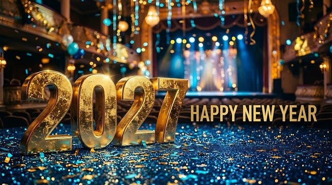 Golden metallic 2027 numbers standing on a glittery blue floor in a festive theater hall