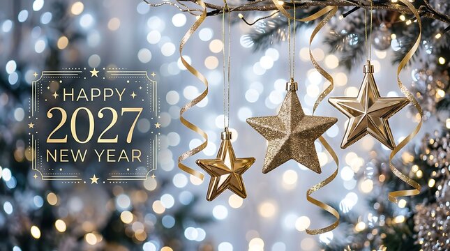 Happy 2027 New Year greeting card with gold star ornaments and blurred festive bokeh lights background