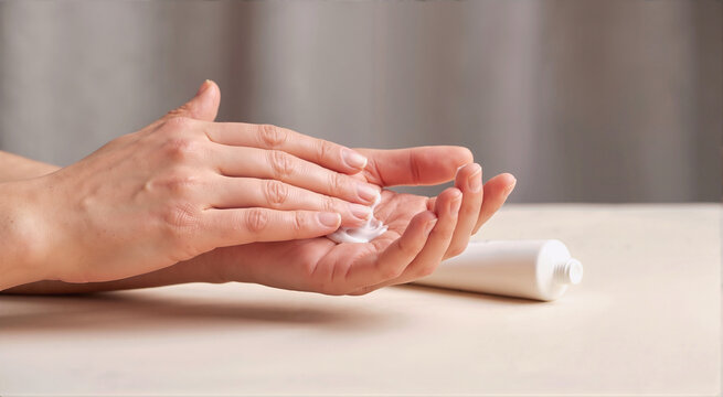Close up of female hands applying white moisturizing lotion on dry skin next to cosmetic tube. Skincare routine, body care treatment, dermatological moisturizing product and hygiene concept