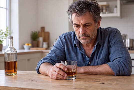 Worried Middle-Aged Man Contemplating a Drink at Home, Alcohol Dependence Concept