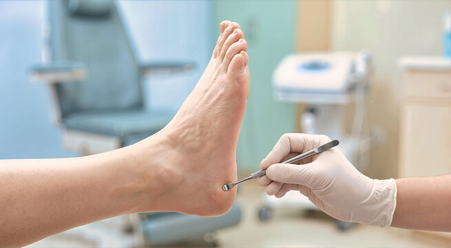 Close up of gloved doctor hand using metal podiatry tool to treat heel of elderly patient foot in medical clinic. Professional podiatrist examination, foot care and dermatology treatment concept