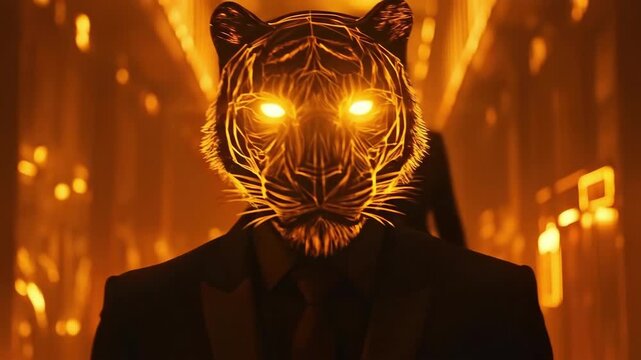 Surreal tiger head in suit in futuristic orange glow environment