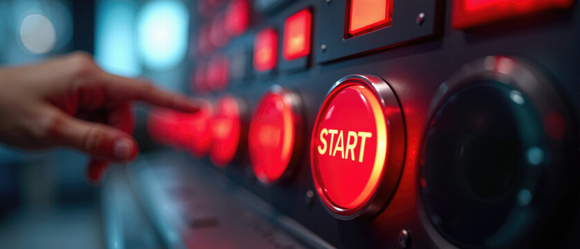 Hand pressing a glowing red start button on a control panel. Close-up of finger activating industrial machine. Launch and initiation concept