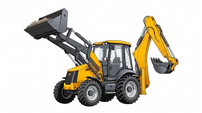 Yellow backhoe loader tractor with front shovel and excavator bucket illustration isolated on white background