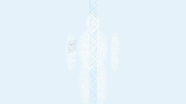 Futuristic medical hologram animation of a human body silhouette with spinning DNA and floating panels displaying predictive health scans vitals and optimal nutrition in future healthcare