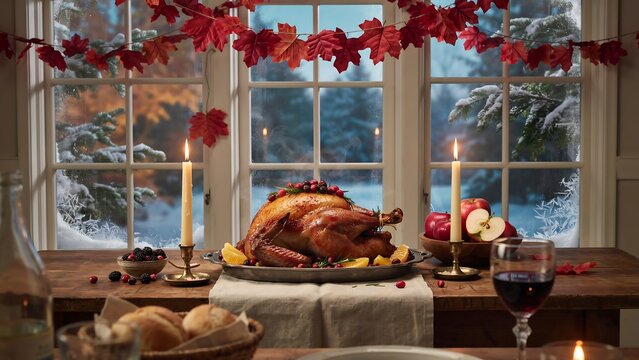 Roasted turkey dinner on a wooden table with candles and autumn leaves in front of a snowy window view