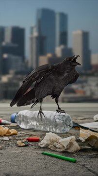 Raven on street trash vertical