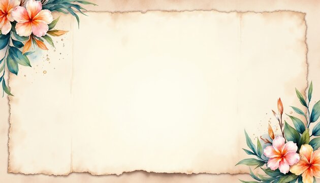 Aged distressed parchment paper background with torn edges and watercolor pink plumeria flower corners. Vintage botanical floral page template with central copy space for junk journal scrapbooks