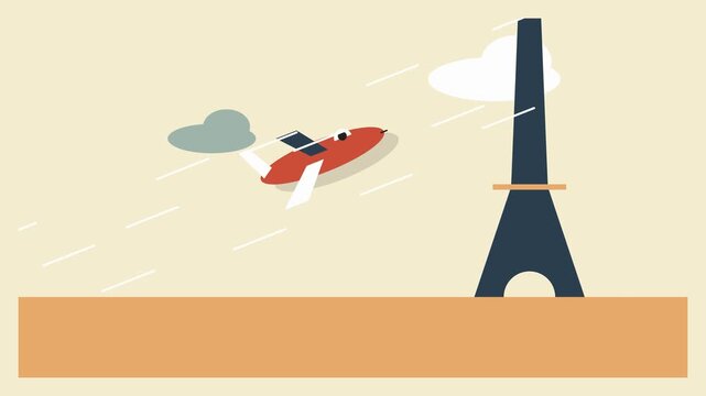 Loopable flat design 2d animation of a red airplane flying across the globe passing city buildings eiffel tower and snowy mountains