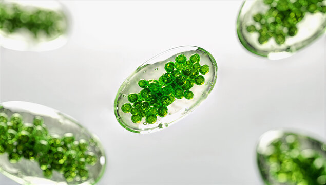 Microscopic view of green algae cells in transparent capsules. 3D illustration of plant biology and cellular structure