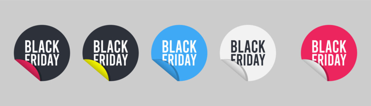 Black Friday sale sticker set, circular discount badge collection, curled corner promotion labels, realistic adhesive price tags pack, retail marketing element bundle.