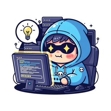 Cute Hacker Boy Coding with Bright Idea.
