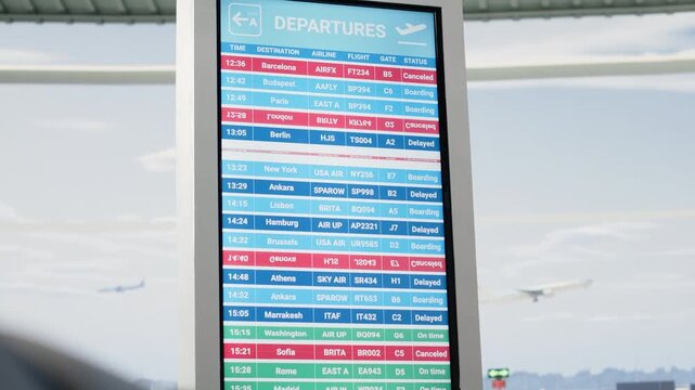 Screen listing cancelled flights and delays in airport terminal lounge, crisis and no departures alert on board, highlighting departure area shutdown, flying disruption and cancellation.