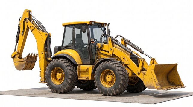 Yellow backhoe loader construction vehicle standing isolated on a white background for heavy machinery projects