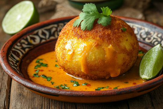 Papa rellena whole, golden fried peruvian stuffed potato rustic
