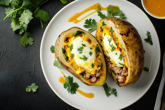 Papa rellena cross-section, peruvian stuffed potato with meat filling