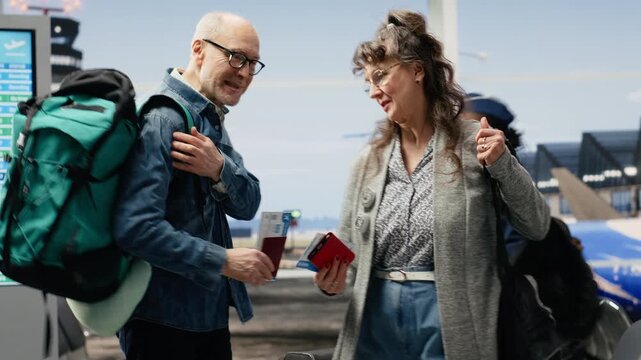 Joyful older adults relaxing in airport terminal engaged in discussion before boarding plane, highlighting active global travel, sightseeing, bucket list, later life and golden years.