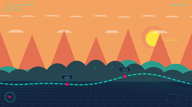 Animated 2D augmented reality HUD interface overlay navigating an abstract retro futuristic alpine landscape with terrain elevation and wind speed data