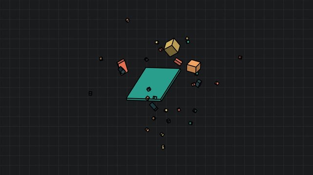 Isometric animation representing the evolution of hybrid workspaces and business productivity assembling like a computer motherboard with text seamless sync and collaboration