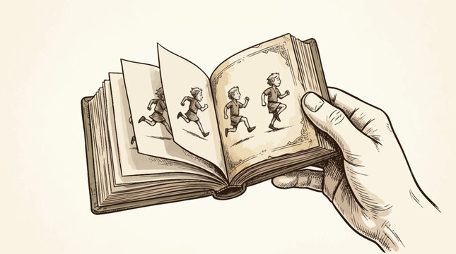 Hand Holding Flip Book Animation Of A Running Boy Drawing