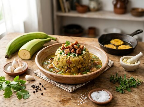 Traditional mofongo dish with fried plantain and pork on a wooden table in a rustic kitchen. Mofongo recipe 
