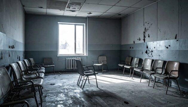Abandoned waiting room with rows of old chairs, peeling paint, and dusty floor, illuminated by natural light from a large window.
