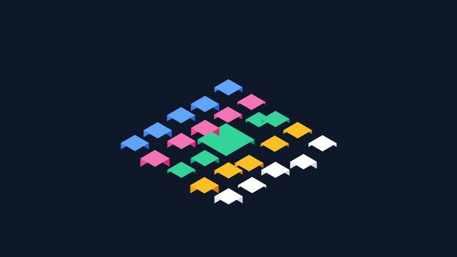 Isometric animation of colorful floating desks assembling into a workspace grid with text emphasizing seamless sync and hybrid future