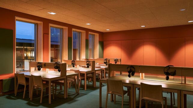Modern classroom with individual study carrels and headphones for focused learning