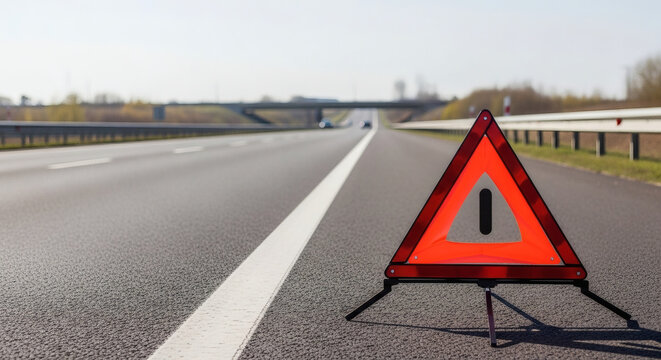 Warning triangle placed on the asphalt road shoulder to alert oncoming traffic about a vehicle breakdown or emergency situation