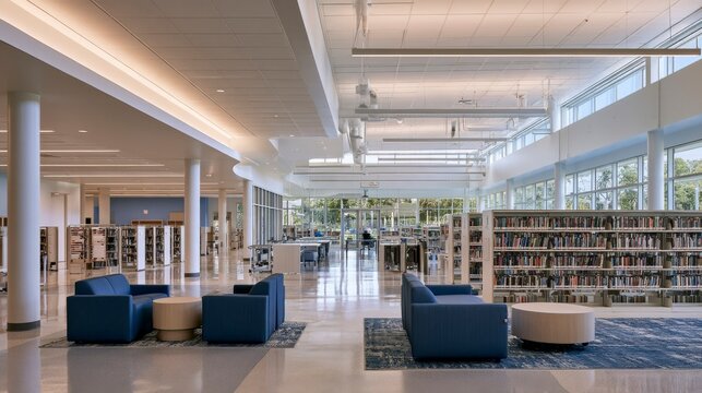 Modern library interior with comfortable seating and extensive bookshelves