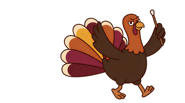Cartoon turkey illustration marching with a conductor baton