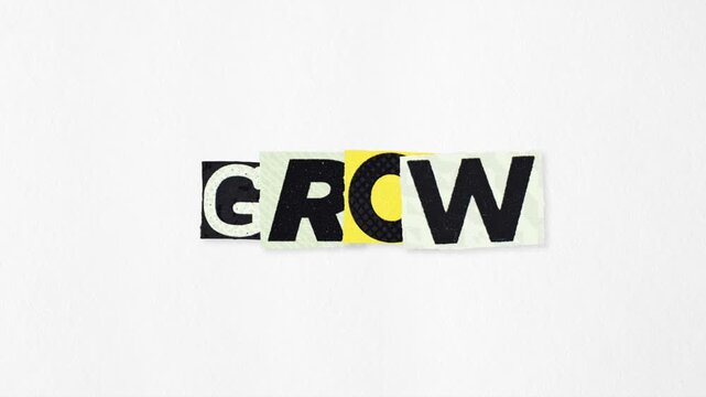 Grow cut-paper typography loop on white textured paper