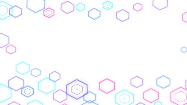 An abstract pattern of colorful neon-style hexagonal outlines floating against a plain white surface, creating a geometric border frame.