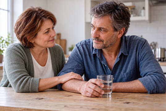 Woman Supporting a Man at Home, Alcohol Addiction Recovery Concept