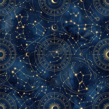 Dark seamless cosmic pattern with golden constellations and celestial bodies for creative design projects