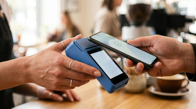 A customer using smartphone for contactless payment at a cafe card reader