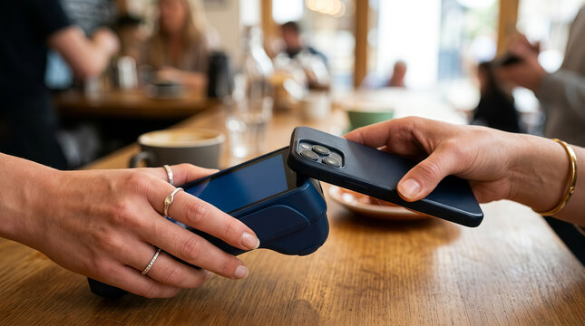Customer using smartphone for a contactless payment at a cafe card reader